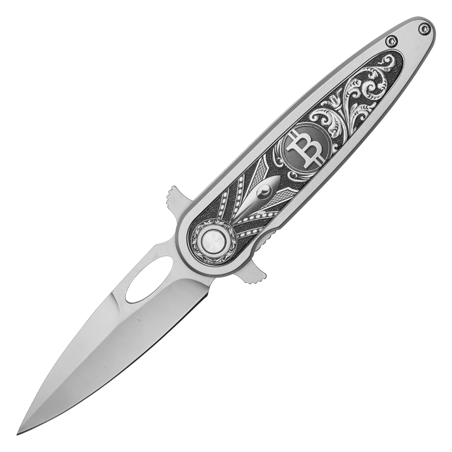 7.75” Silver Bitcoin | Spring Assisted Pocket Knife