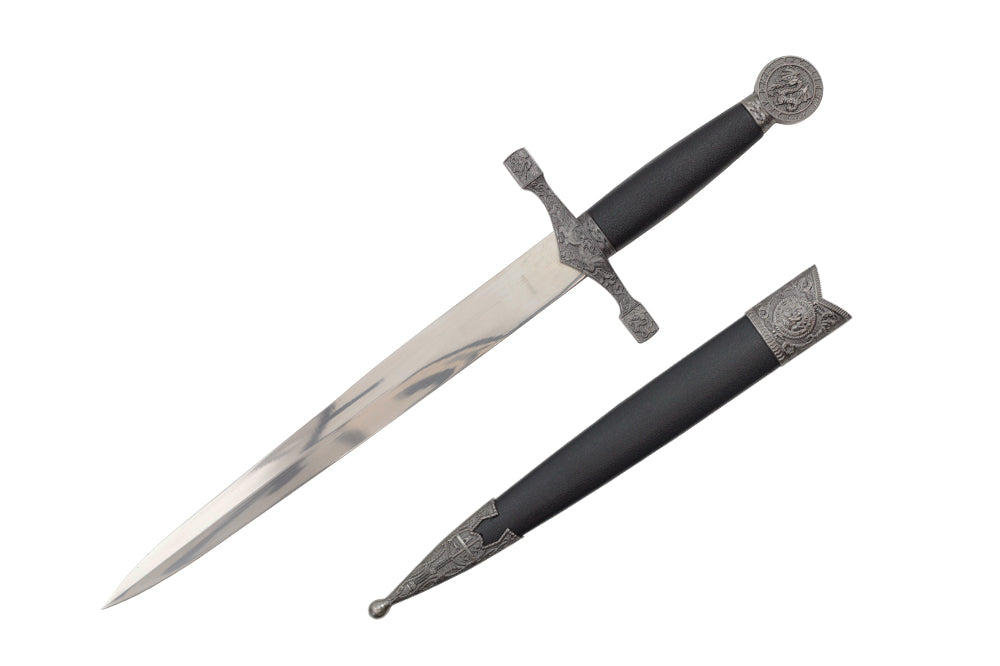 16-inch Length, Stainless Steel Blade, Black Handle w Dragon Pommel, Scabbard w Silver Fittings