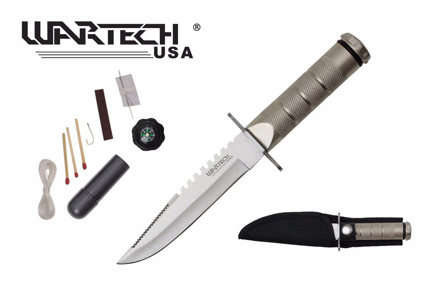 8-inch overall chrome survival knife w Survial Kit