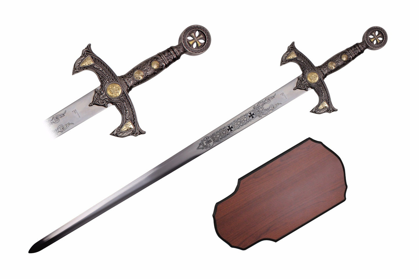 47-inch Crusader Sword Chrome w Wooden Plaque