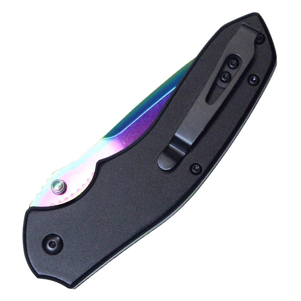 8" Thumb Open Spring Assisted Skull & Rosed Pocket Knives (Rainbow)