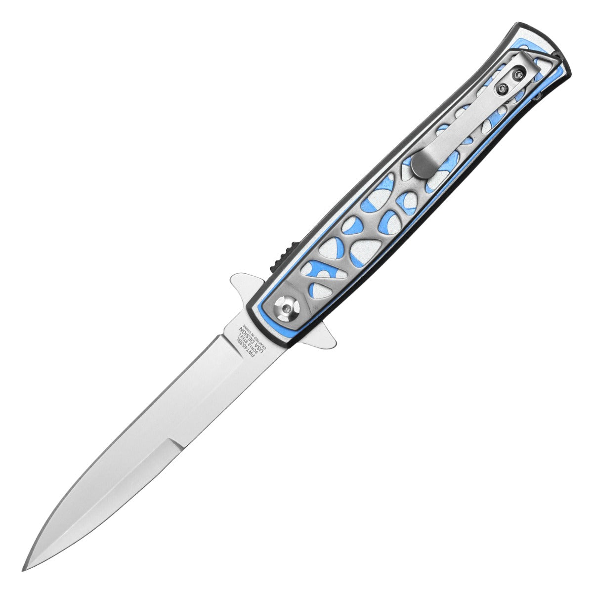Wartech - 9" Silver & Blue Patterned | Spring Assisted Pocket Knife
