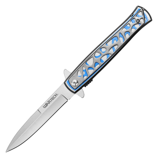 Wartech - 9" Silver & Blue Patterned | Spring Assisted Pocket Knife