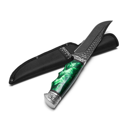 Buckshot Knives - 12" Stonewashed Green Marbled | Fixed Blade Hunting Knife