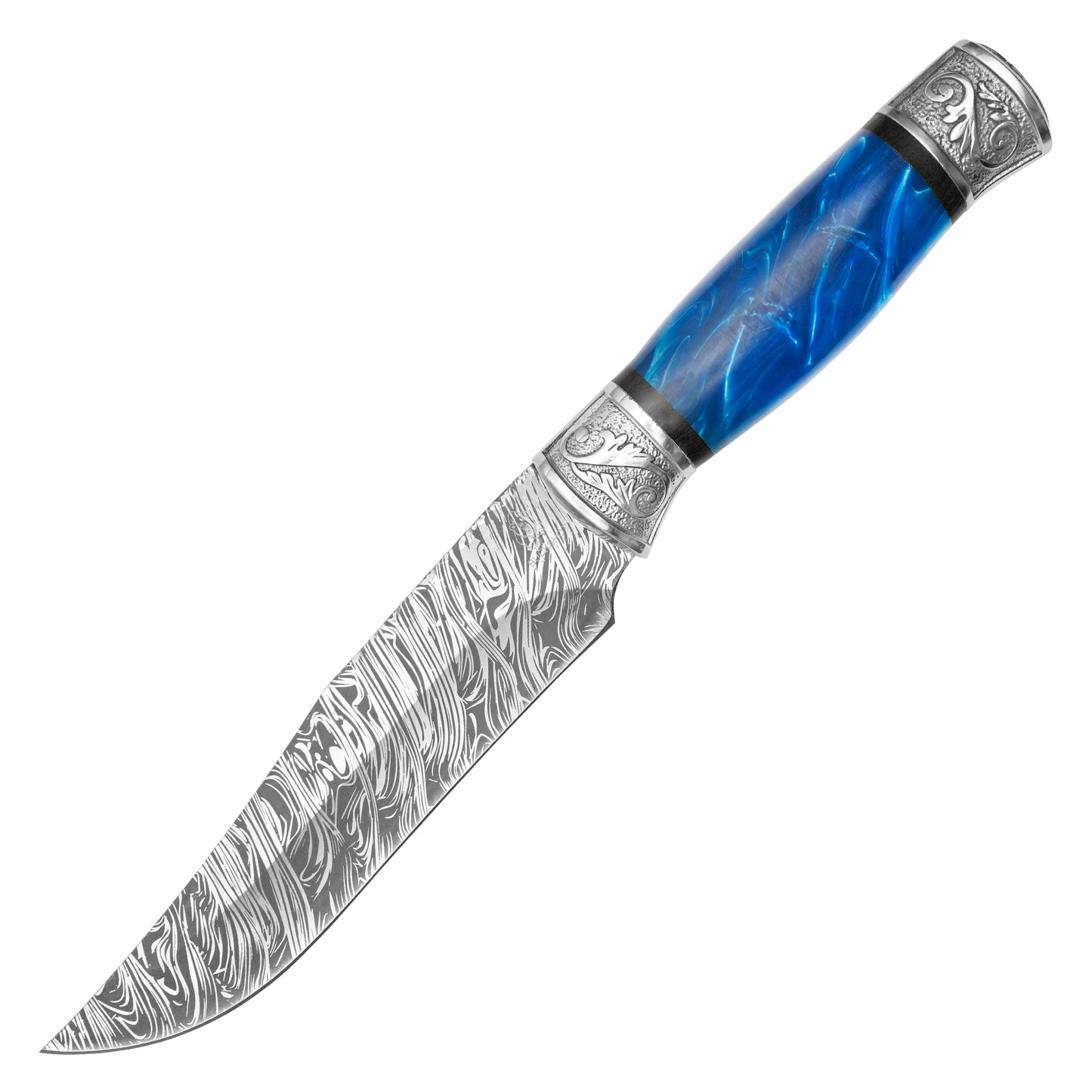 Buckshot Knives - 12.25" Damascus Blue Marbled | Fixed Blade Hunting Knife