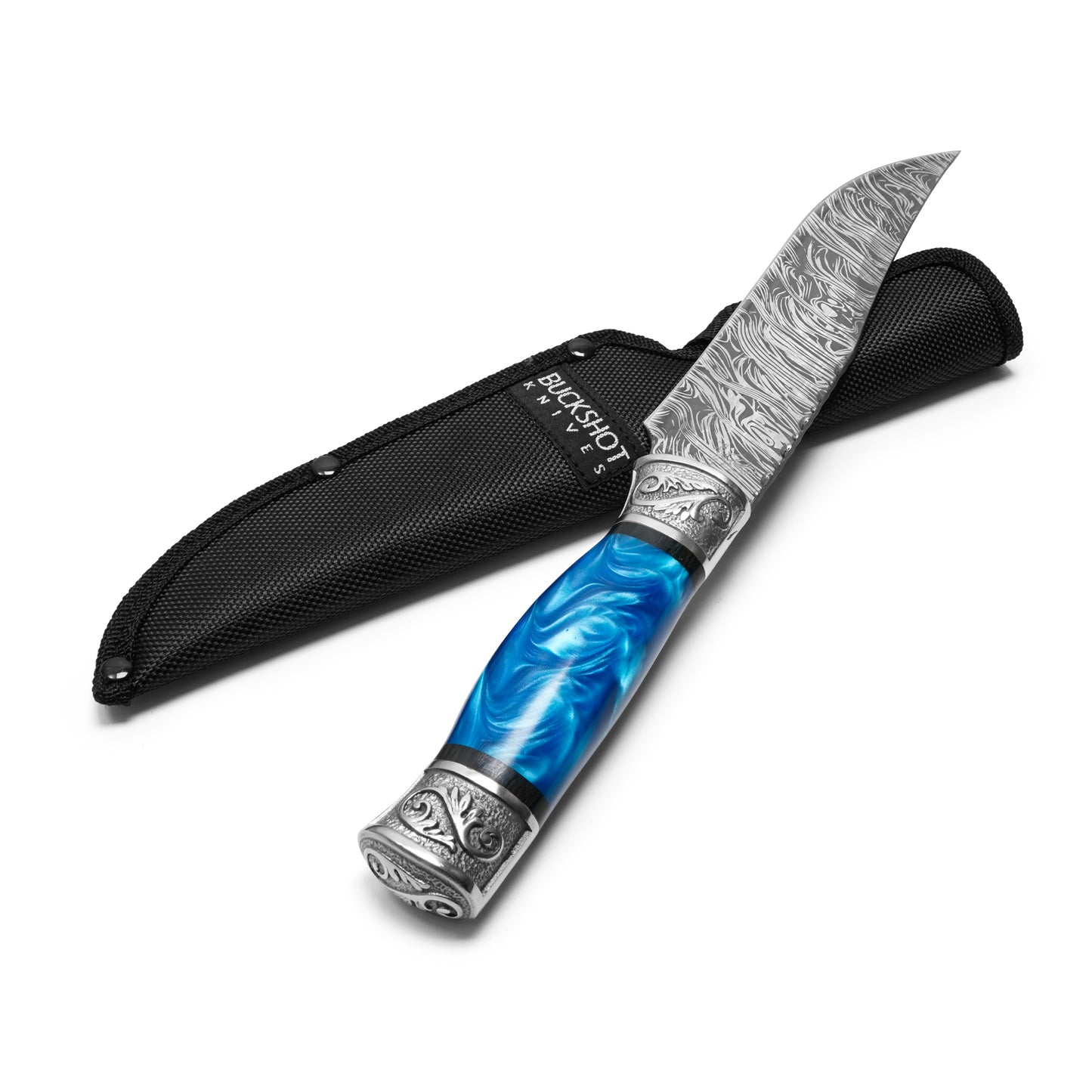 Buckshot Knives - 12.25" Damascus Blue Marbled | Fixed Blade Hunting Knife