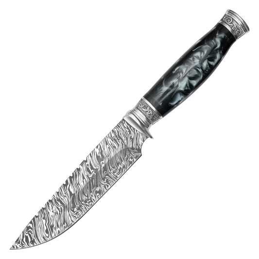 Buckshot Knives - 12.5" Damascus Black Marbled Hunting Knife | Fixed Blade