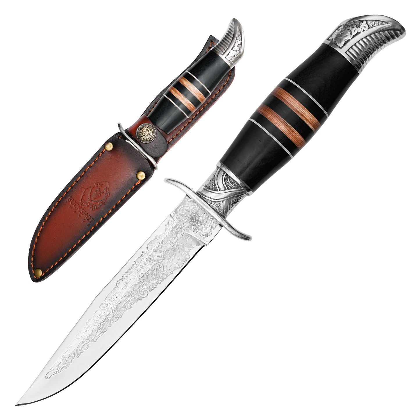 Buckshot Knives - 10.5" Embossed Black Striped Wood | Fixed Blade Hunting Knife