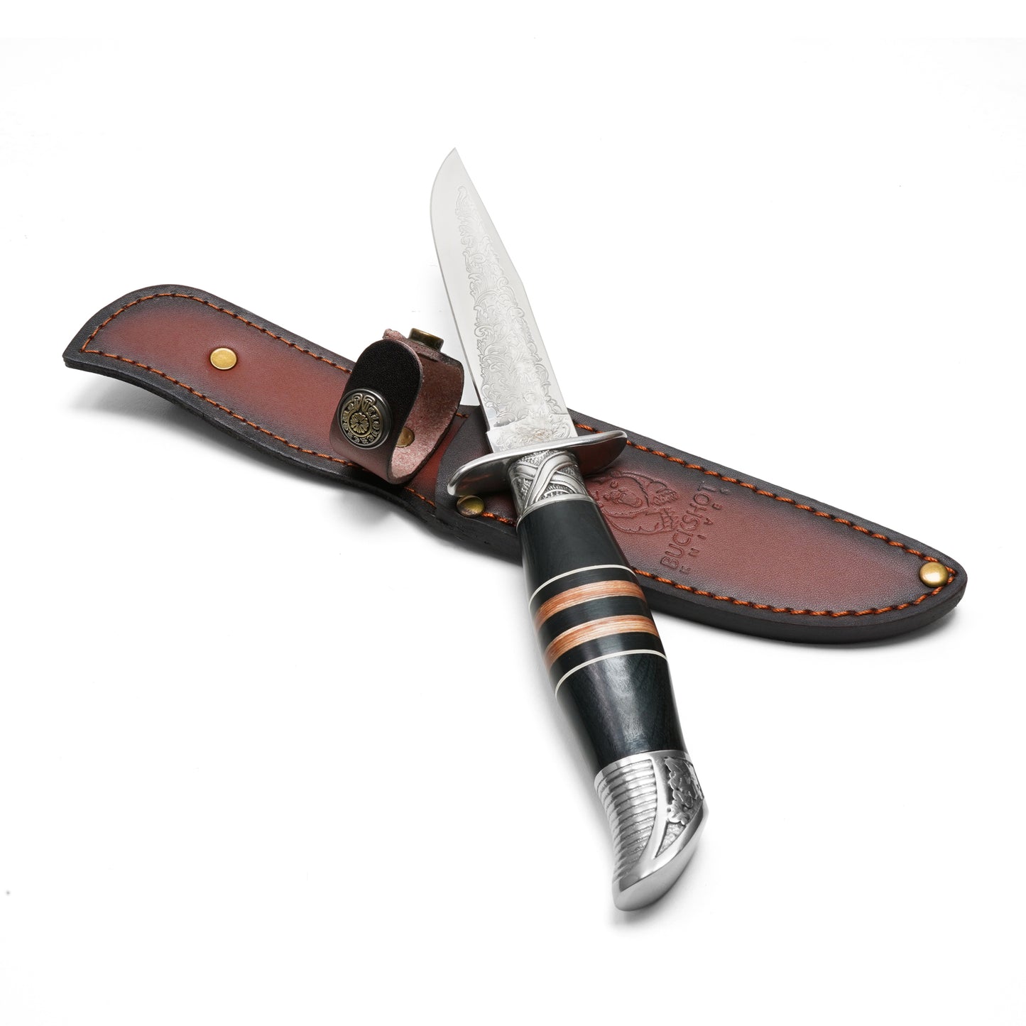 Buckshot Knives - 10.5" Embossed Black Striped Wood | Fixed Blade Hunting Knife