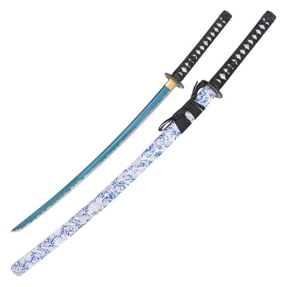 Onikiri - Blue Porcelain Floral Katana | Collectible Display Carbon Steel Sword