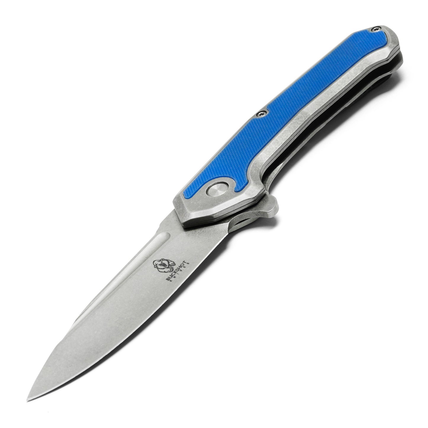 Buckshot Knives - 8" Blue Stonewashed D2 Steel | Ball Bearing Pocket Knife