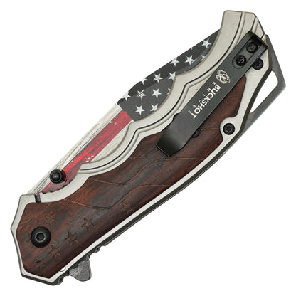 Buckshot - 8.25" Wooden USA Flag | Spring Assisted Pocket Knife