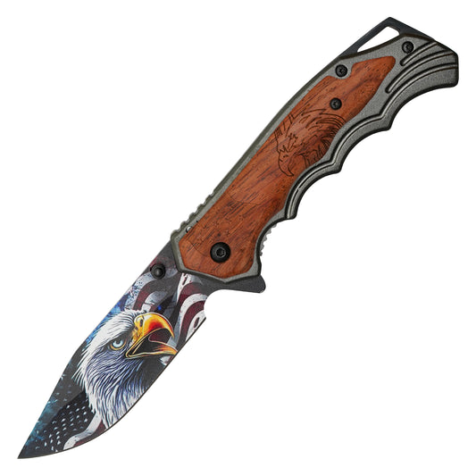 Buckshot - 8.25" Wooden USA Eagle | Spring Assisted Pocket Knife