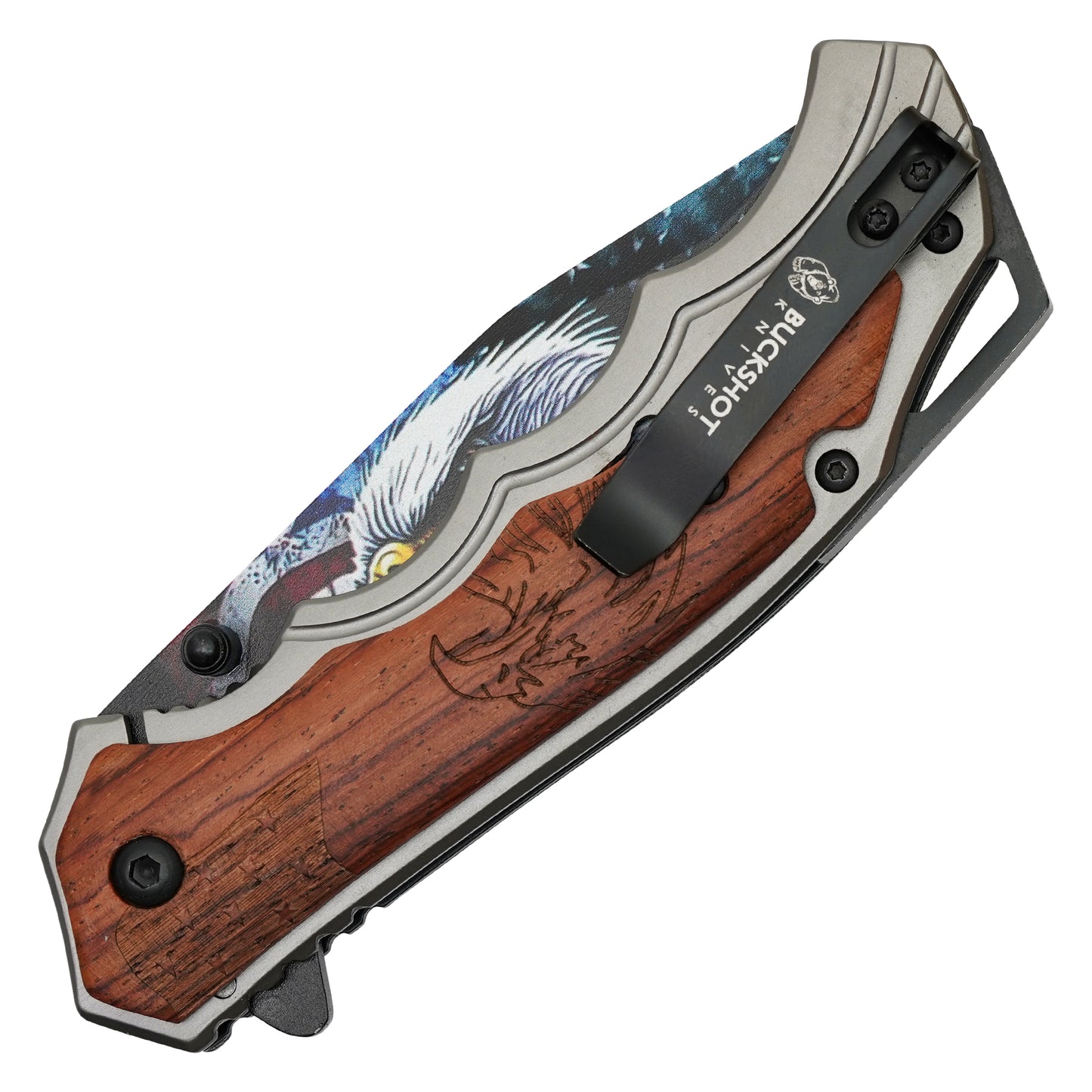 Buckshot - 8.25" Wooden USA Eagle | Spring Assisted Pocket Knife