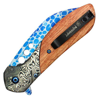 Buckshot - 8.25" Wood Damascus Pocket Knife