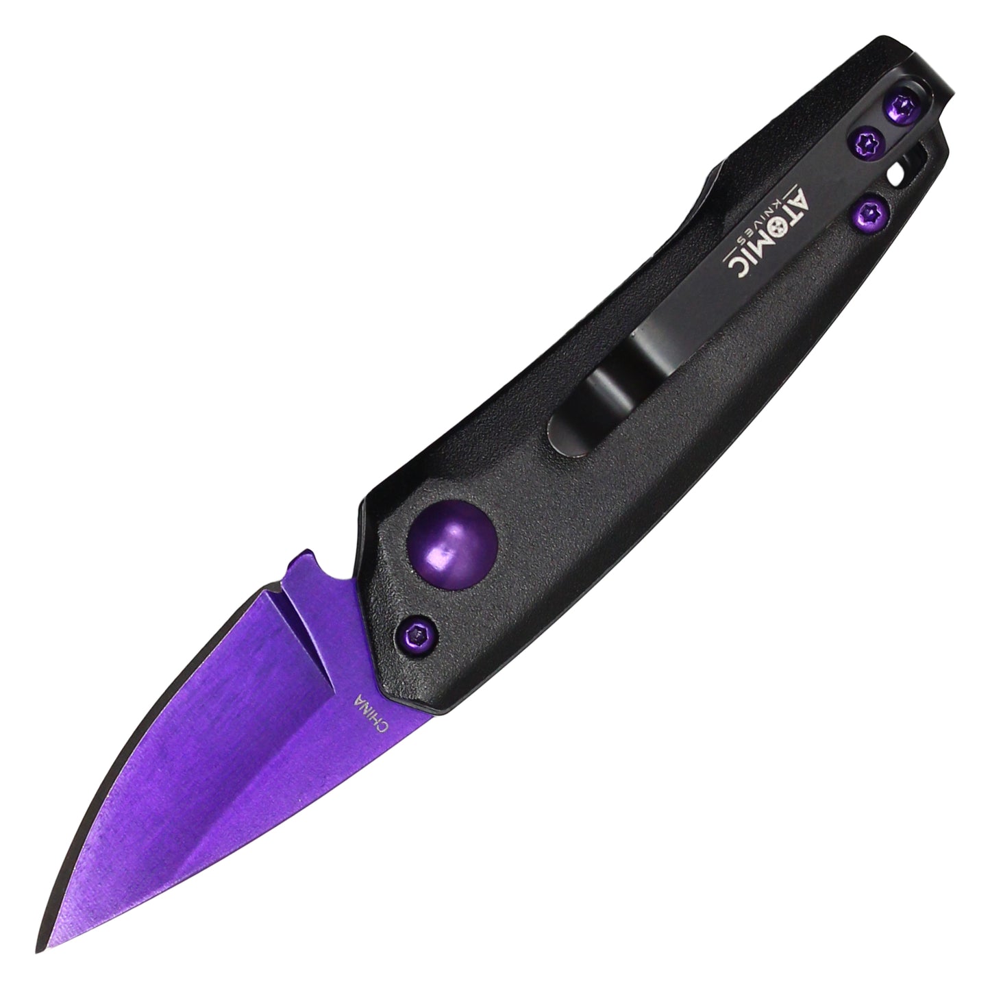 Atomic Knives - 5" Micro Purple Drop Point | Push Button Pocket Knife