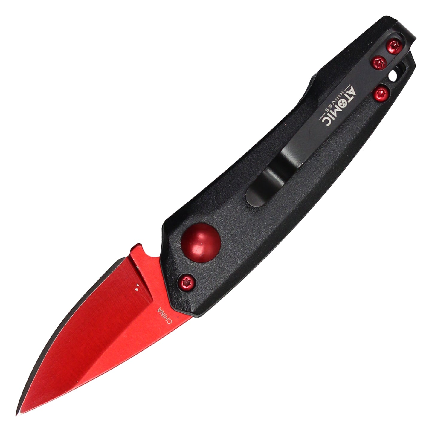 Atomic Knives - 5" Micro Red Drop Point | Push Button Pocket Knife