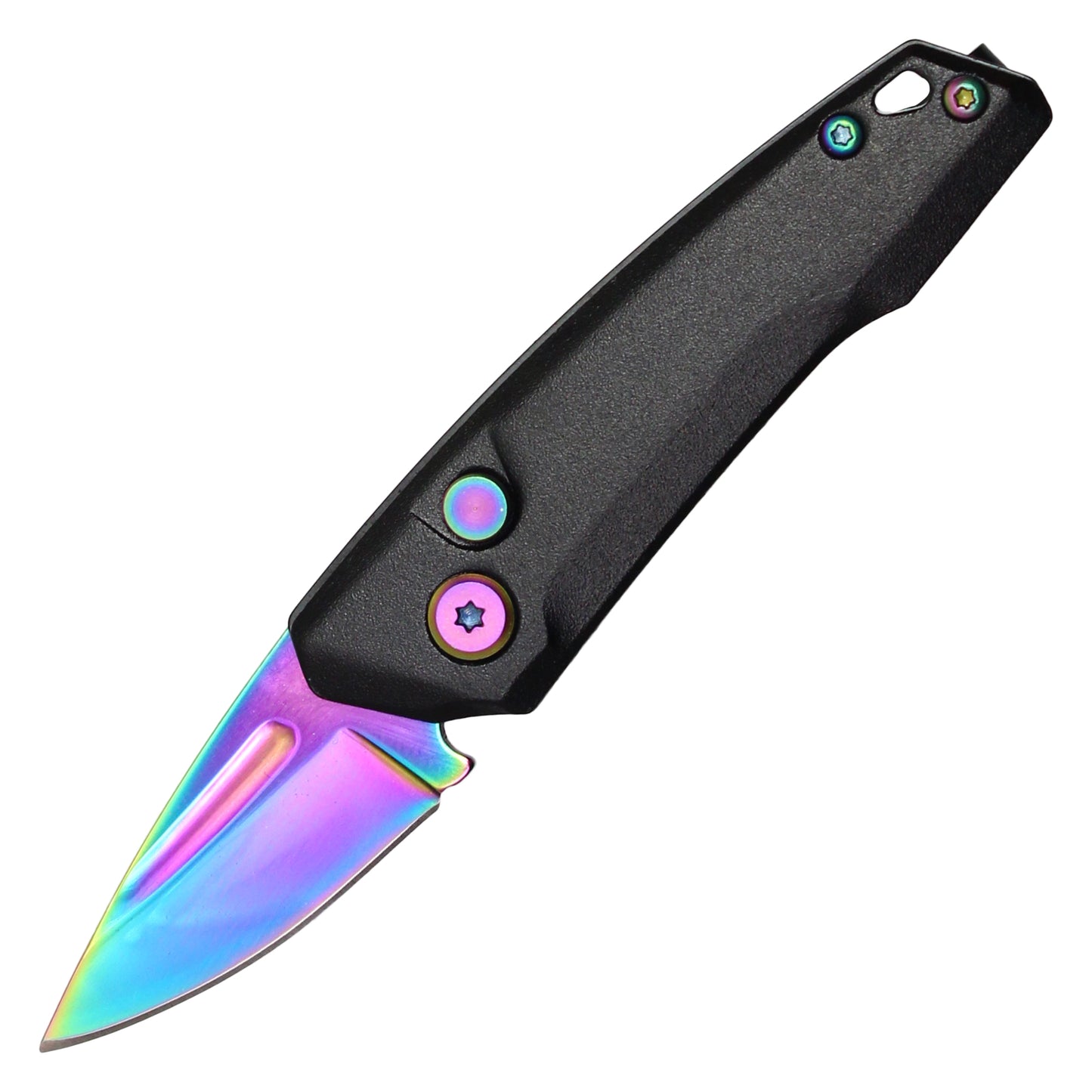 Atomic Knives - 5" Micro Rainbow Drop Point | Push Button Pocket Knife