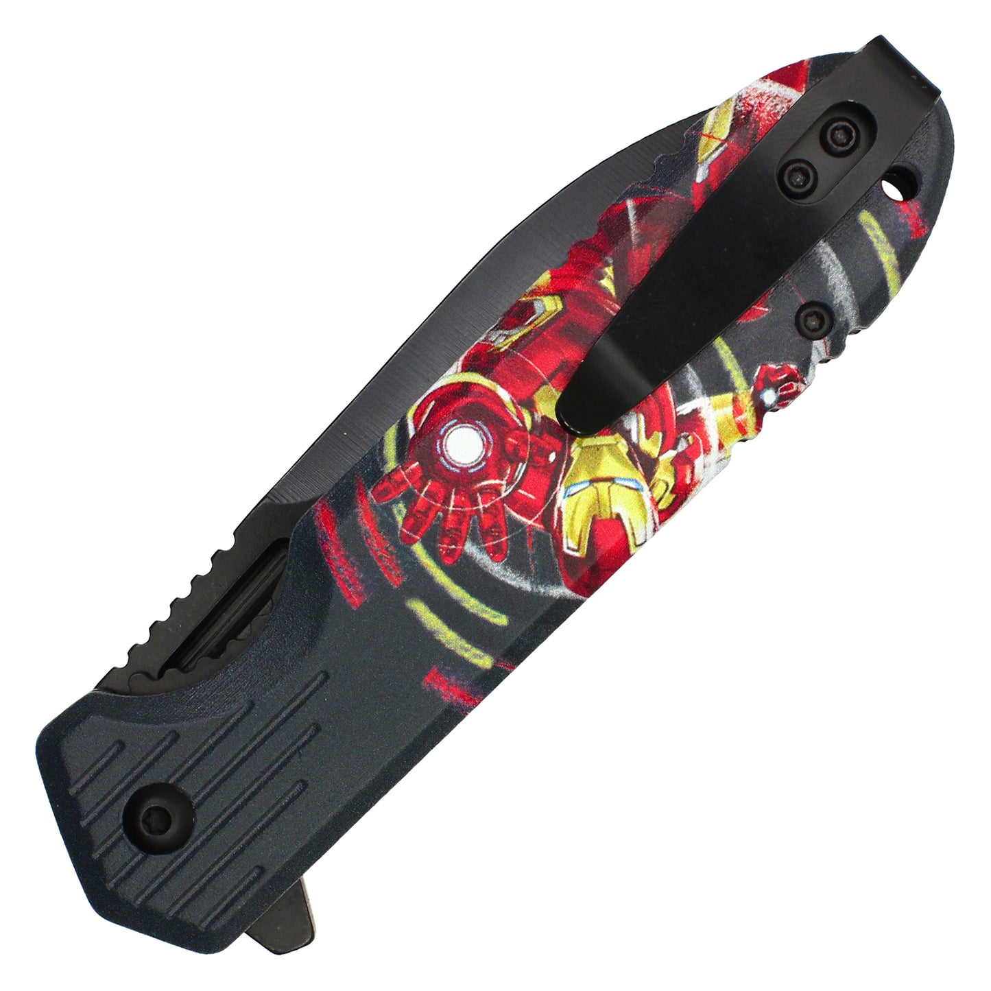 8" Black Iron Man Print | Spring Assisted Pocket Knife