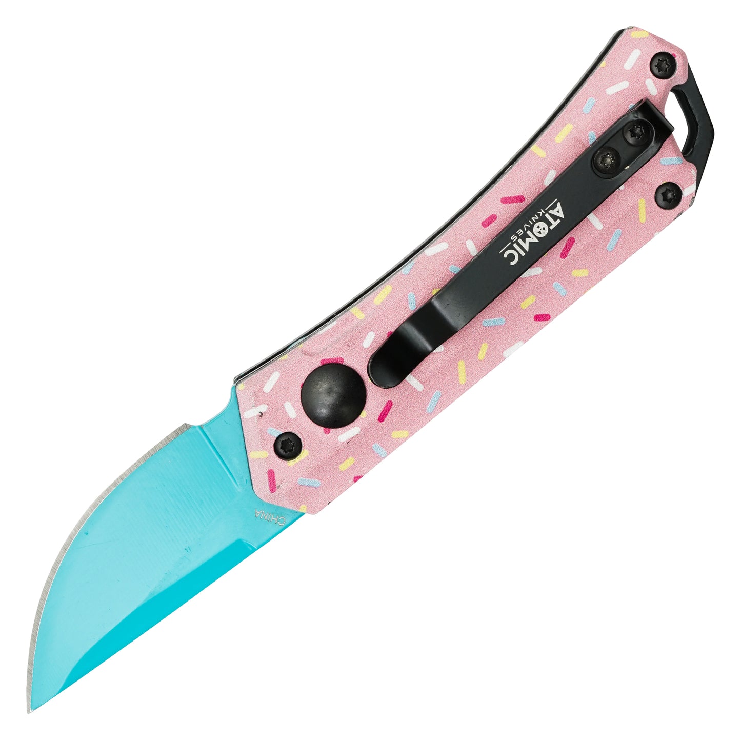 Atomic Knives / Sweet Treats - 5" Pink Sprinkles Drop Point | Push Button Pocket Knife