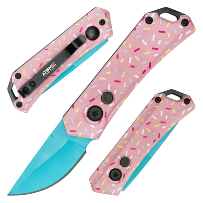 Atomic Knives / Sweet Treats - 5" Pink Sprinkles Drop Point | Push Button Pocket Knife