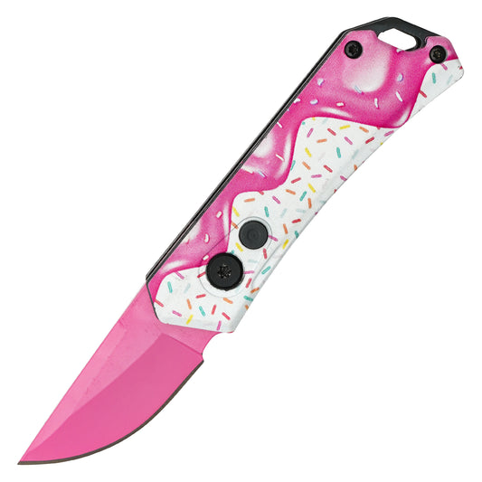 Atomic Knives / Sweet Treats - 5" Pink Frosted Drop Point | Push Button Pocket Knife