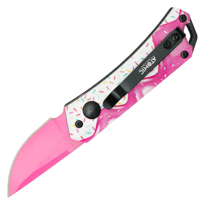 Atomic Knives / Sweet Treats - 5" Pink Frosted Drop Point | Push Button Pocket Knife