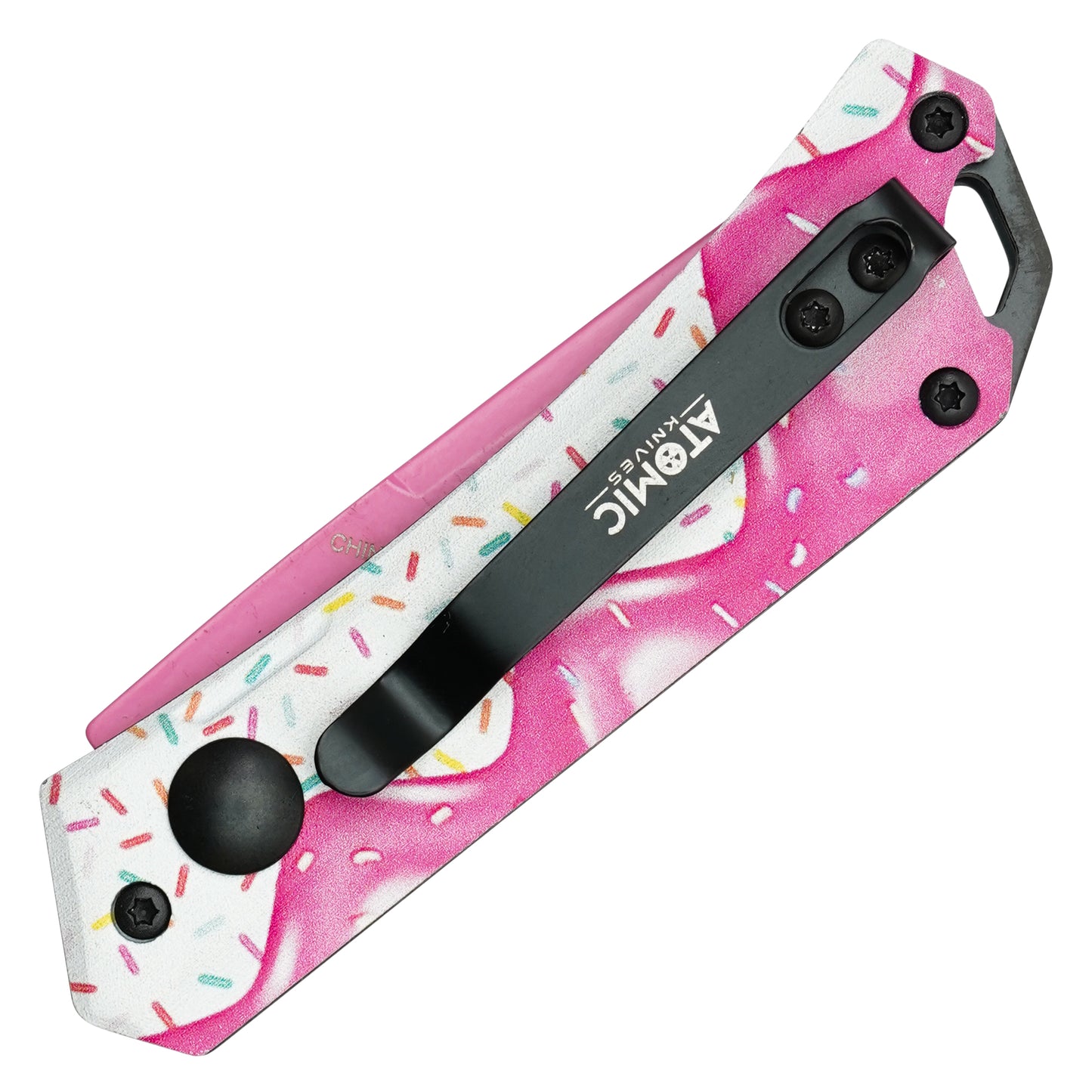 Atomic Knives / Sweet Treats - 5" Pink Frosted Drop Point | Push Button Pocket Knife