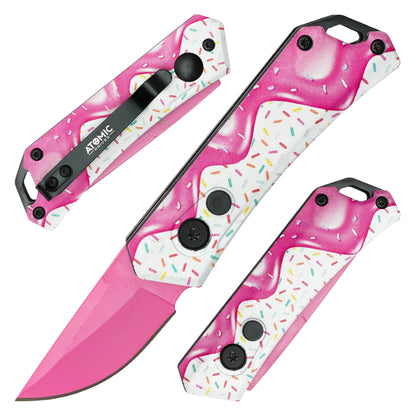 Atomic Knives / Sweet Treats - 5" Pink Frosted Drop Point | Push Button Pocket Knife