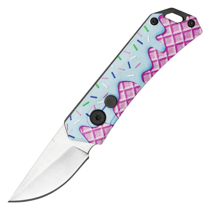 Atomic Knives / Sweet Treats - 5" Blue Frosted Waffle Drop Point | Push Button Pocket Knife