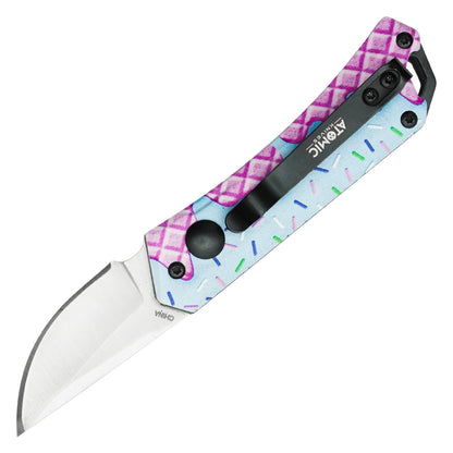 Atomic Knives / Sweet Treats - 5" Blue Frosted Waffle Drop Point | Push Button Pocket Knife