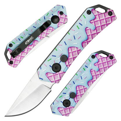 Atomic Knives / Sweet Treats - 5" Blue Frosted Waffle Drop Point | Push Button Pocket Knife