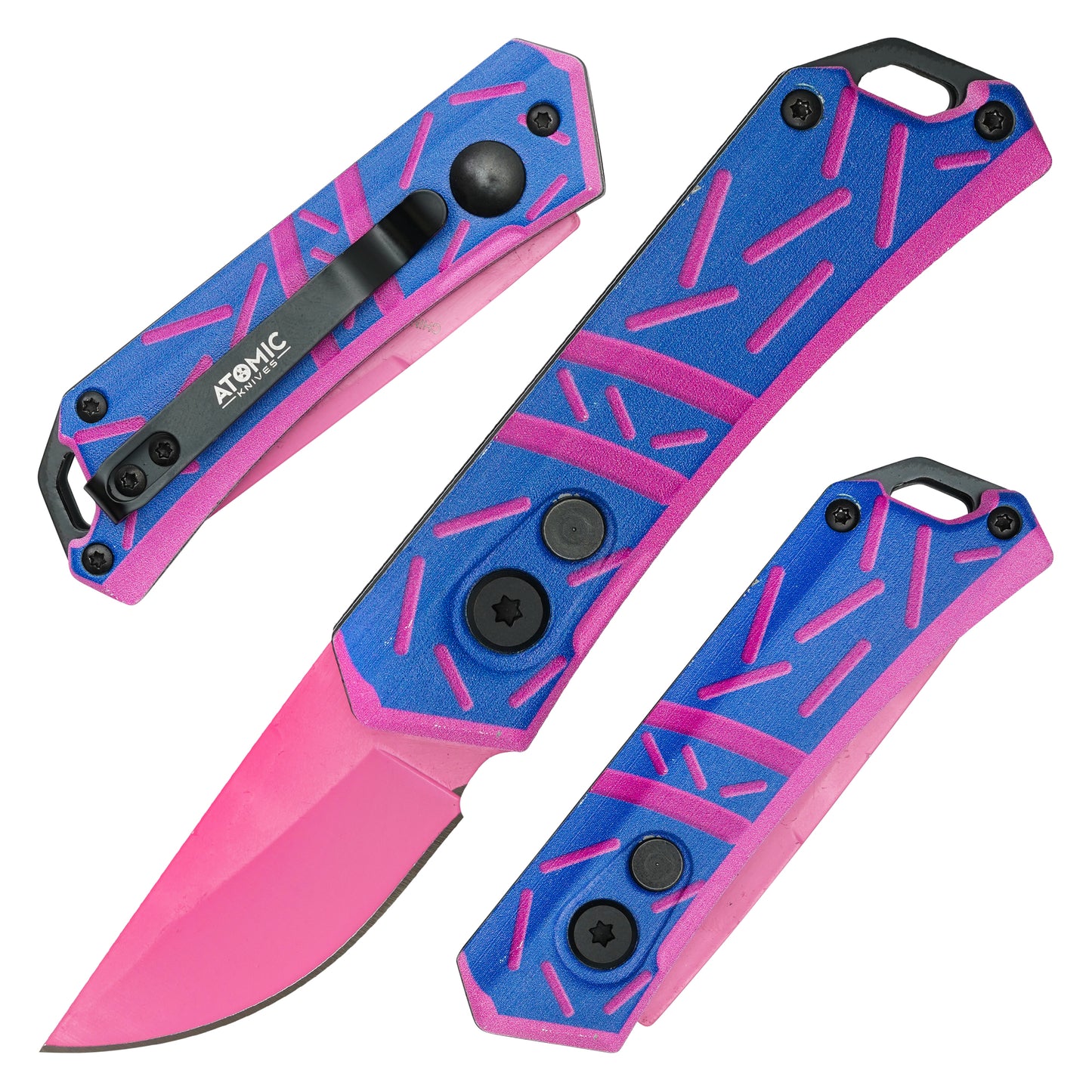 Atomic Knives / Sweet Treats - 5" Pink & Blue Sprinkles Drop Point | Push Button Pocket Knife