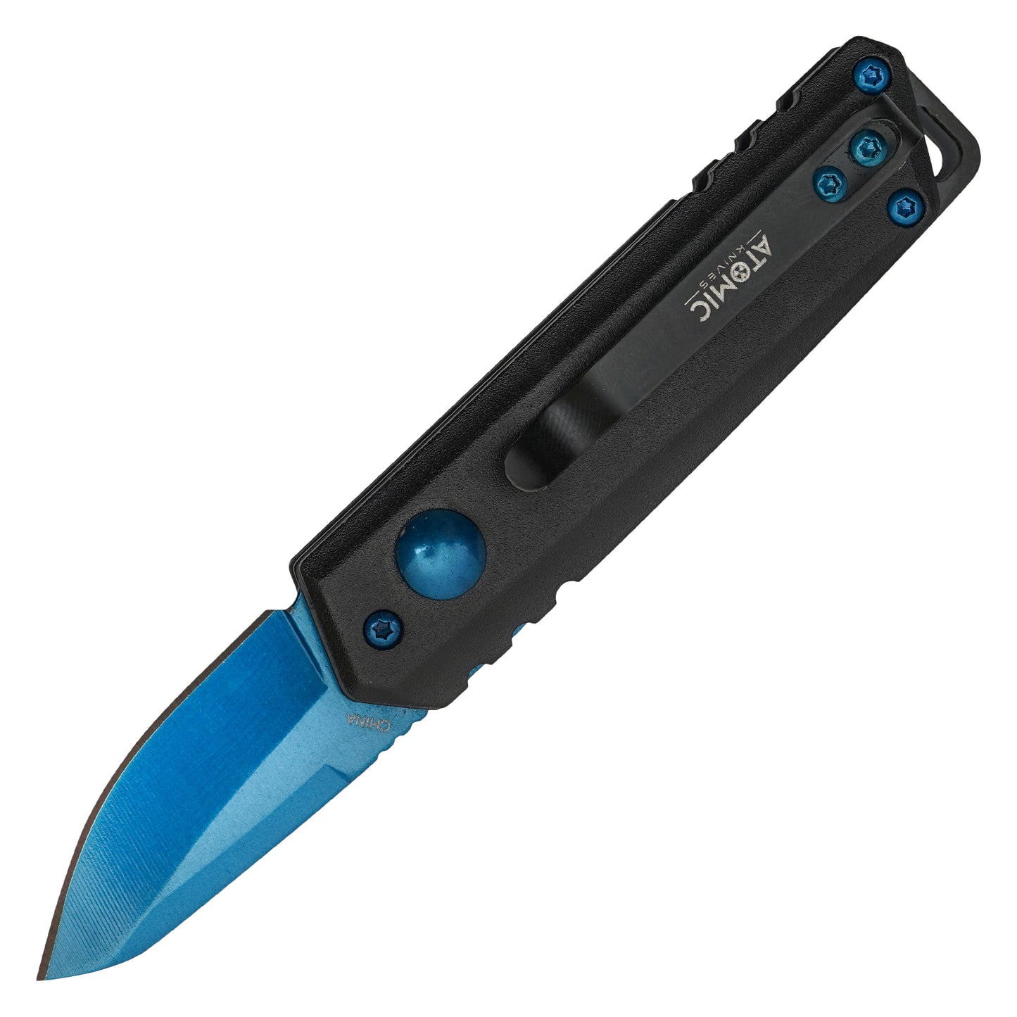 Atomic Knives - 5" Micro Blue Drop Point | Push Button Pocket Knife