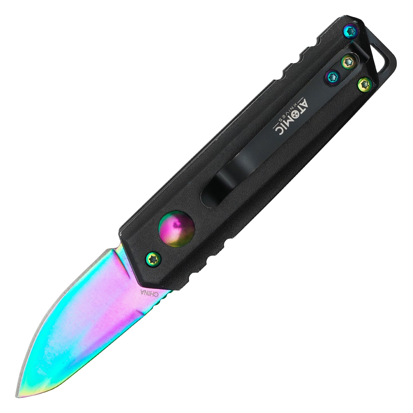 Atomic Knives - 5" Micro Rainbow Drop Point | Push Button Pocket Knife