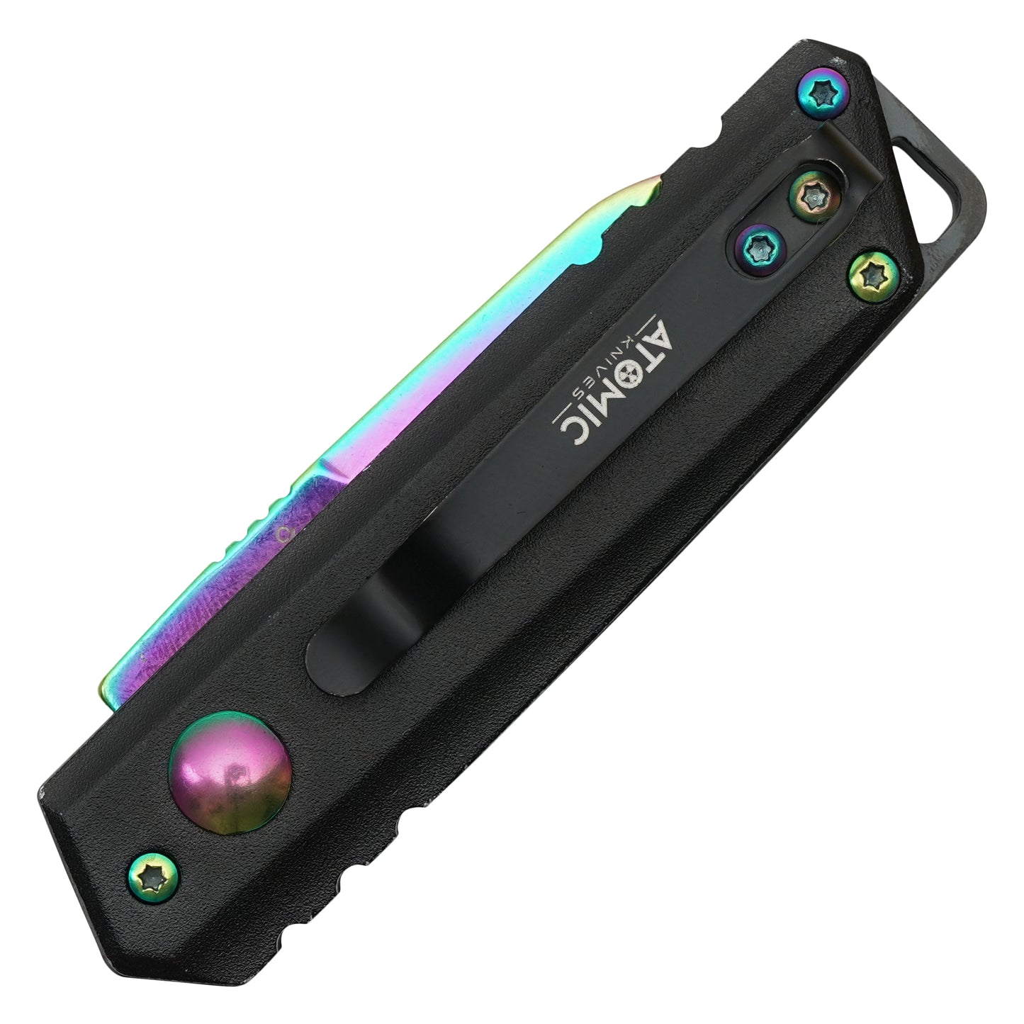 Atomic Knives - 5" Micro Rainbow Drop Point | Push Button Pocket Knife