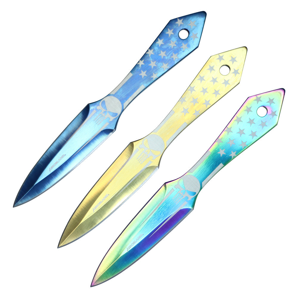 6 1/2" 3 Pc Set Multi-Color Punisher Throwing Knife