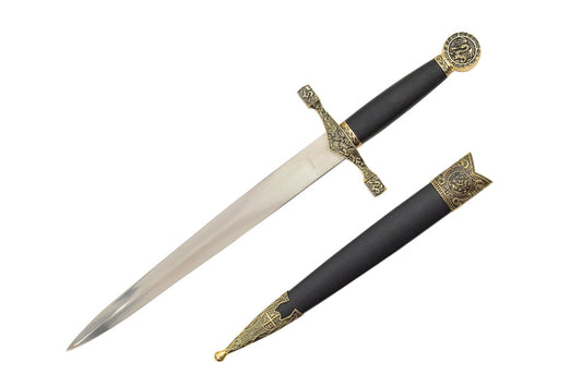 16-inch Length, Stainless Steel Blade, Black Handle w  Dragon Pommel, Scabbard w  Gold Fittings