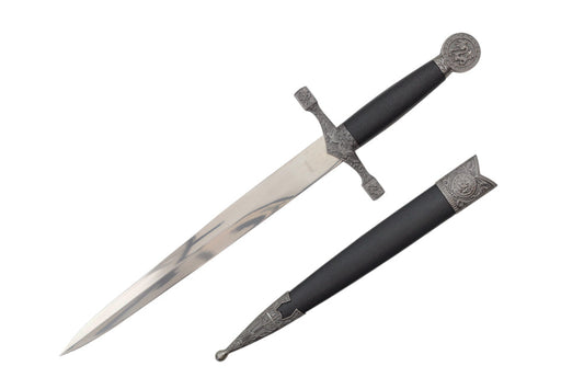 16-inch Length, Stainless Steel Blade, Black Handle w  Dragon Pommel, Scabbard w  Silver Fittings