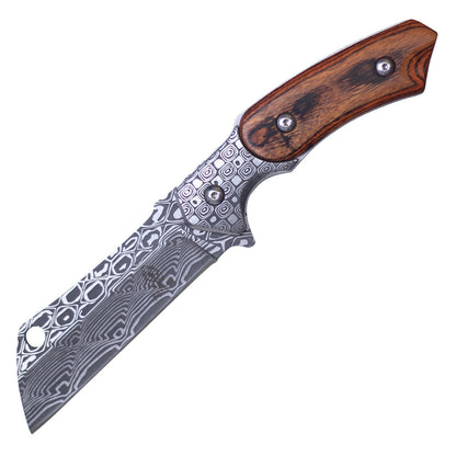 8.75" Cleaver Fixed Etched Damascus Pattern Blade Hunting Knife w/ Wooden Handle