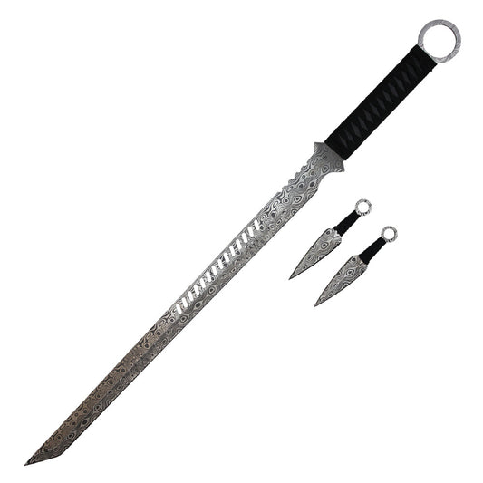 27" Damascus Etch Ninja Sword with Throwing Knives