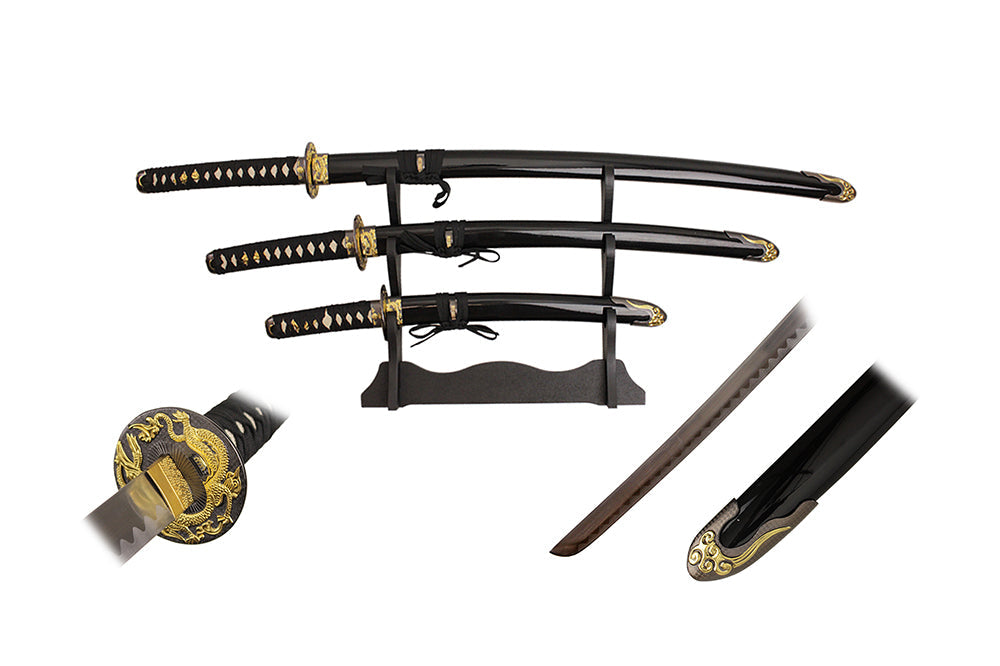 40-inch, 32-inch, 22-inch 3 pcs black sword set with dragon tsuba