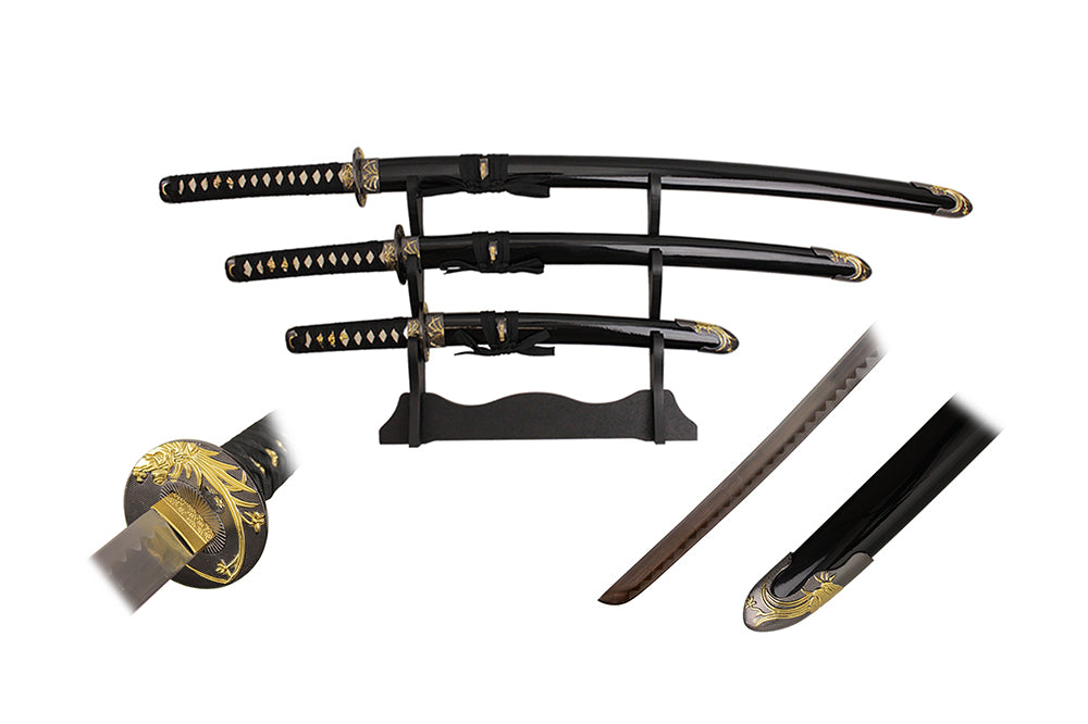 40-inch, 32-inch, 22-inch 3 pcs black sword set with dragon tsuba