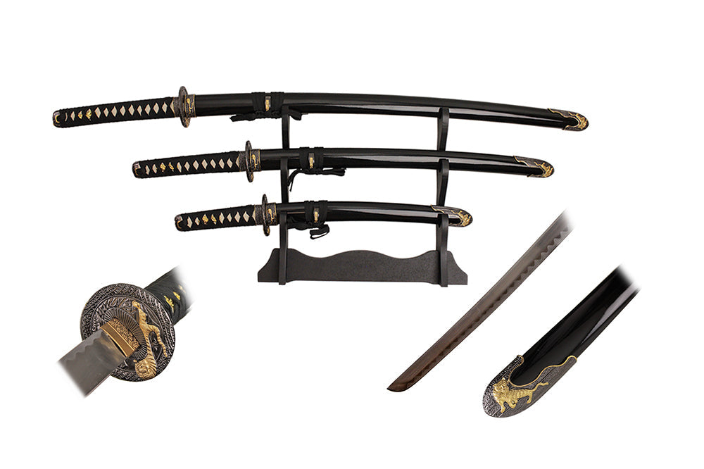 40-inch, 32-inch, 22-inch 3 pcs black sword set with dragon tsuba