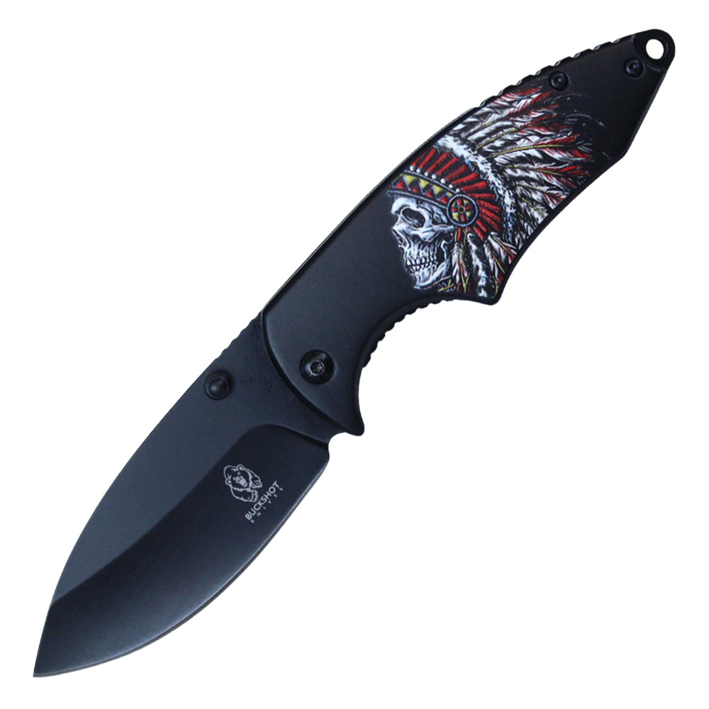 7.75" Buckshot Thumb Open Spring Assisted Indian Feather Skull Handle Pocket Knives (Black)