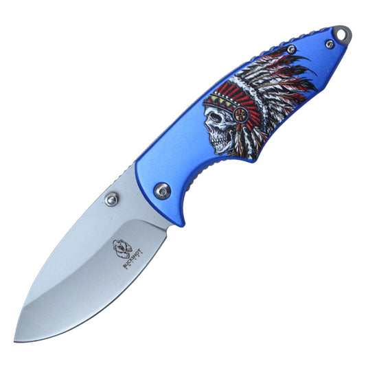 7.75" Buckshot Thumb Open Spring Assisted Indian Feather Skull Handle Pocket Knives (Blue)