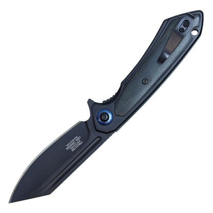 8" Black Stainless Steel Assisted Pocket Knife w/ Black Handle & Blue Accent