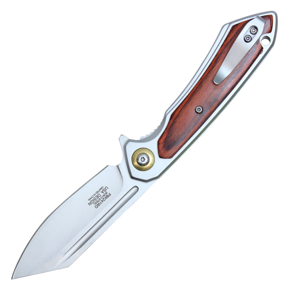 8" Stainless Steel Assisted Pocket Knife w/ Wood Handle & Gold Accent