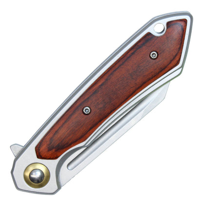 8" Stainless Steel Assisted Pocket Knife w/ Wood Handle & Gold Accent