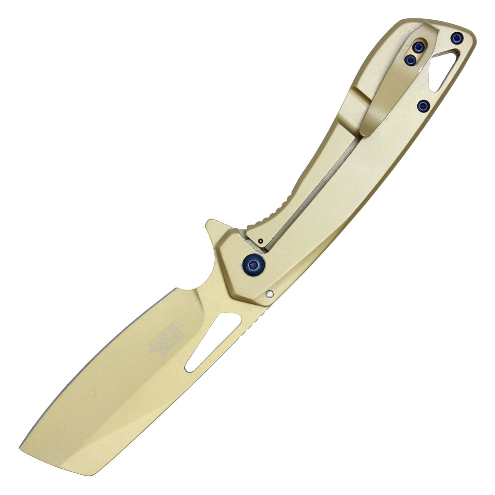 8" Gold Assisted Open Pocket Knife w/ Blue Accent